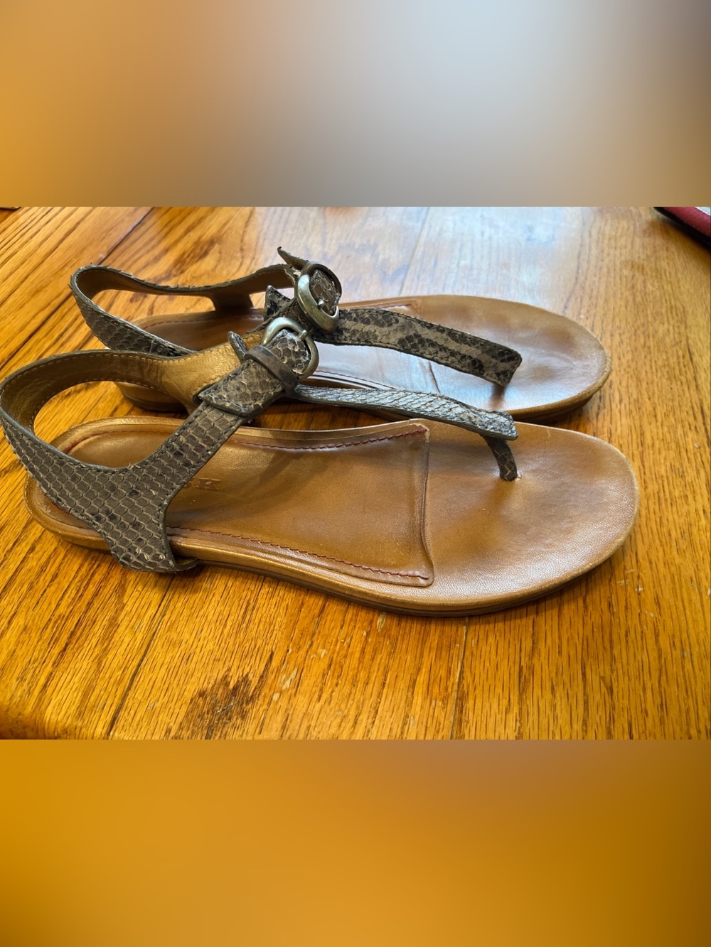 Women's Trask Gray Snakeskin Leather T-Strap Sandals Sz 9
